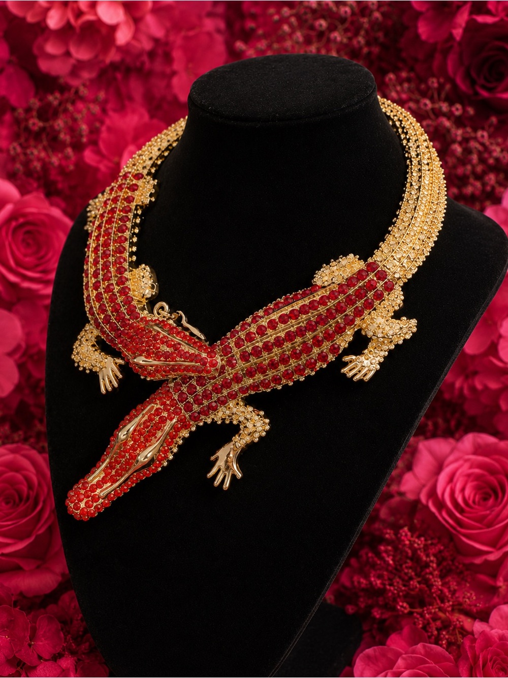 Gold-tone Red Crystal Alligator Statement Necklace - Picture 4 of 6